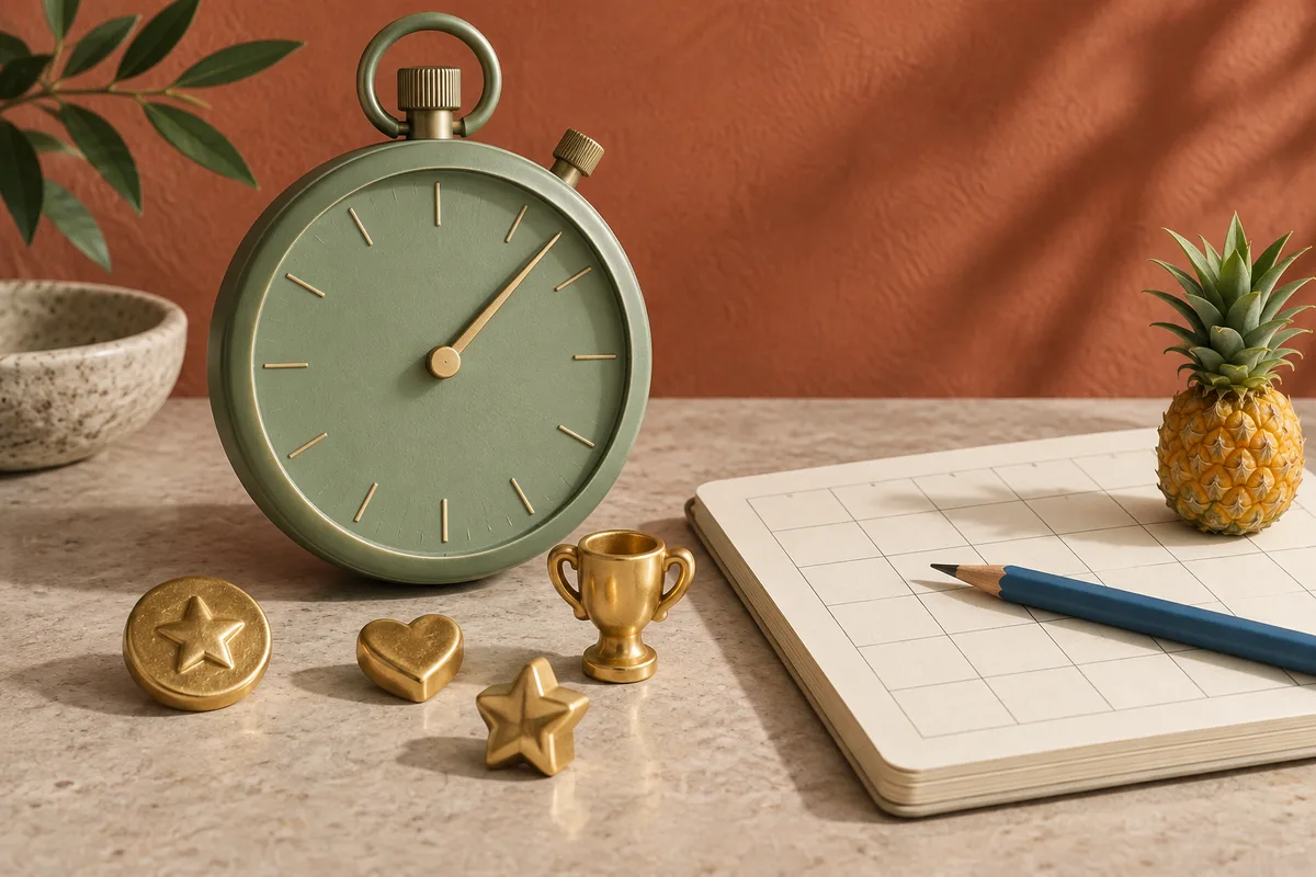 Green stopwatch, gold ceramic tokens and a notebook on a terracotta surface