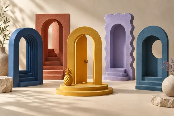 Five colorful sculptural doorways representing different survey platforms