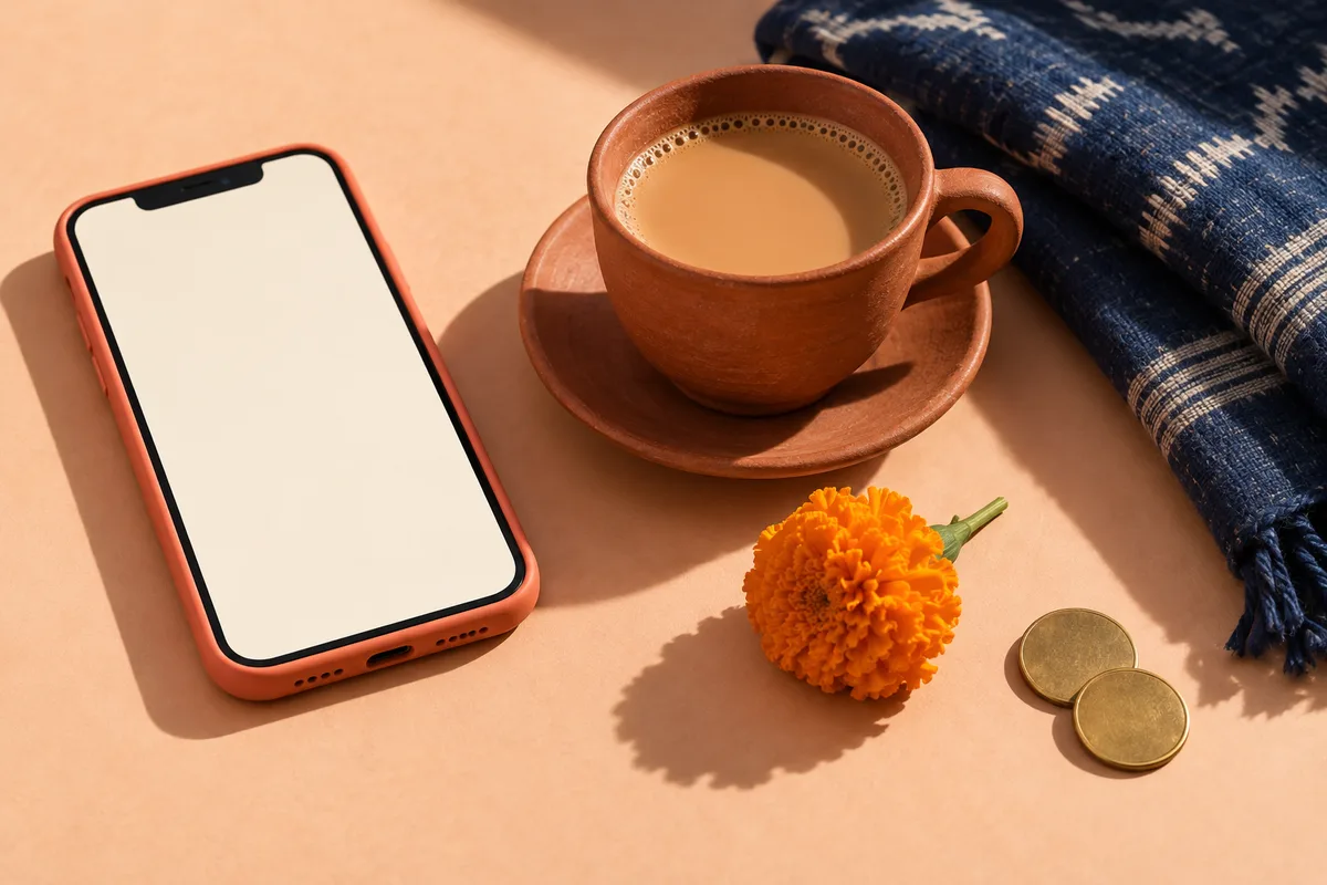 Coral smartphone beside chai, marigold and an indigo textile
