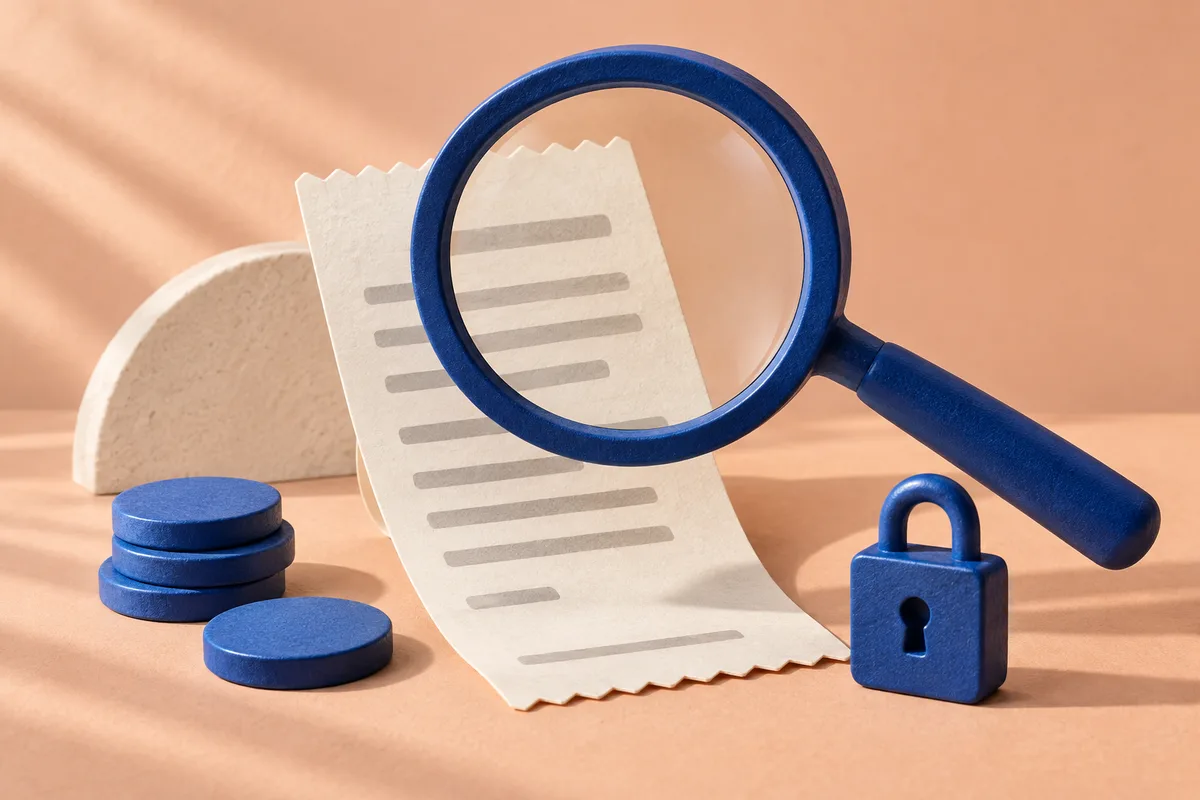 Blue magnifying glass examining a receipt beside tokens and a lock